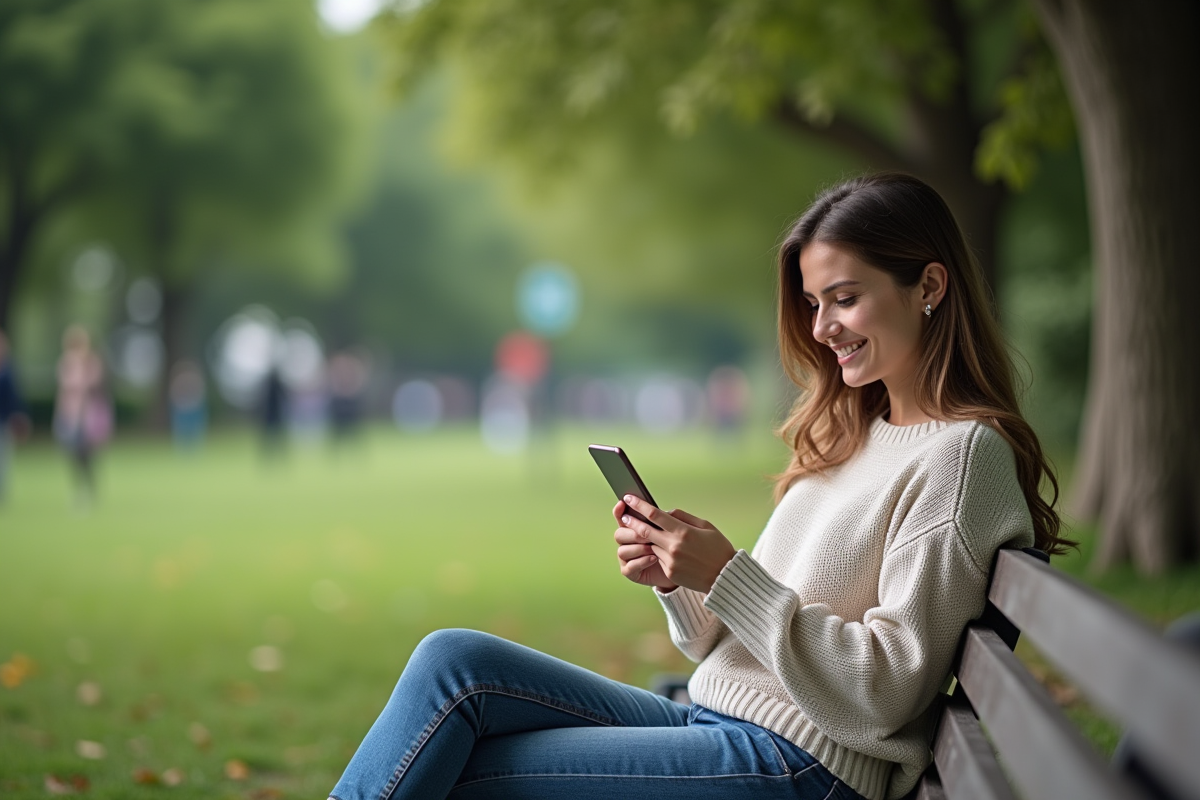 Jeune femme assise dans un parc avec son smartphone