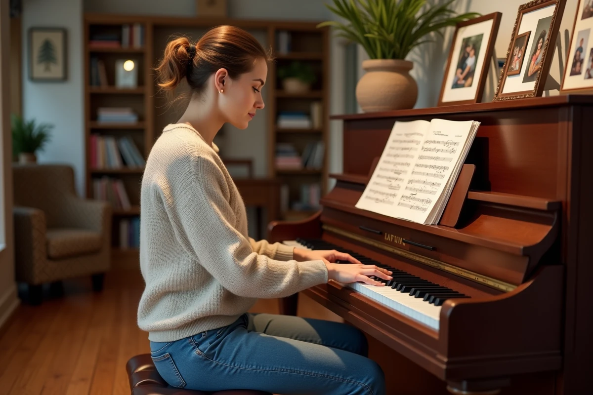 Femme pensante au piano dans un salon chaleureux