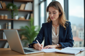 Femme professionnelle prenant des notes dans un bureau lumineux
