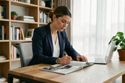 Femme professionnelle consultant un magazine de formation business à son bureau à domicile