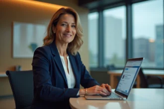 Femme confiante en blazer navy dans un bureau moderne