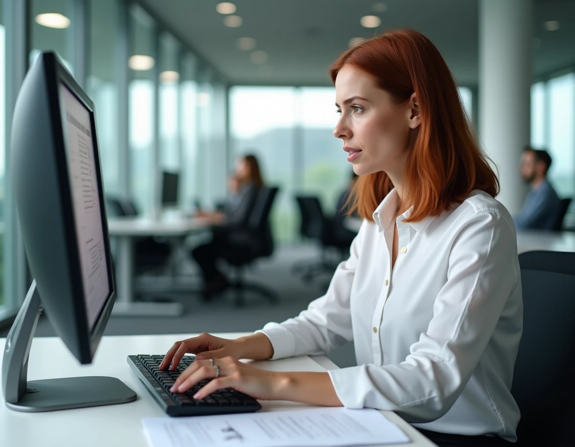 Femme professionnelle effectuant un test de QI sérieux en français sur un ordinateur de bureau en open space