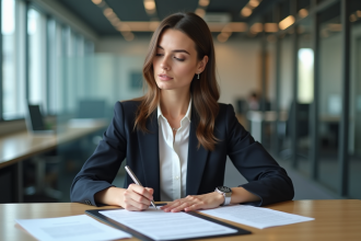 Femme professionnelle signant des papiers au bureau