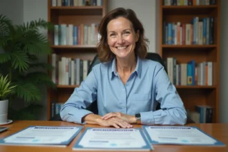 Femme souriante avec certificats animaux dans un bureau