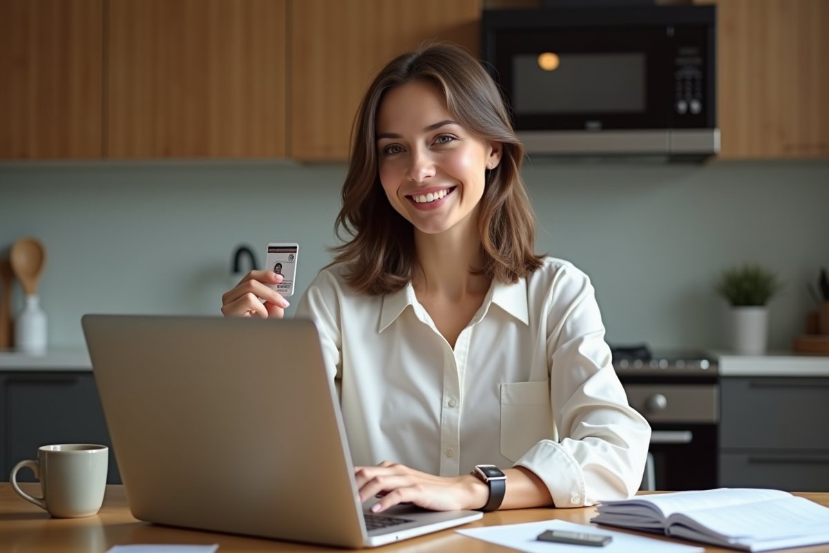 Femme souriante utilisant un ordinateur portable avec sa carte d'identité