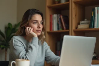 Femme concentrée passant un test de QI en ligne sur un ordinateur portable dans un bureau à domicile