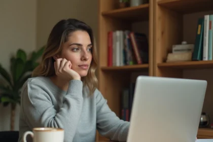 Femme concentrée passant un test de QI en ligne sur un ordinateur portable dans un bureau à domicile