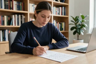 Femme concentrée qui remplit un test de QI officiel sur papier à son bureau à domicile