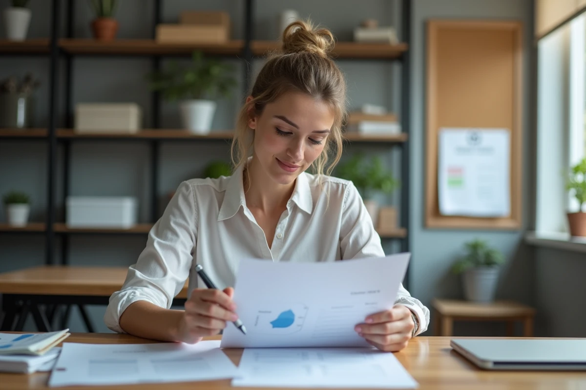Femme en tenue professionnelle examine un document au bureau