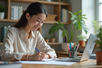 Jeune femme concentrée écrivant dans un carnet dans un bureau lumineux