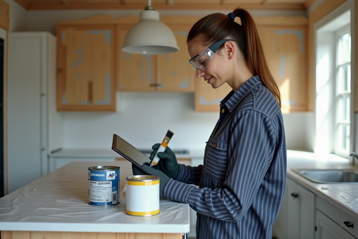 Femme apprenant à peindre ses murs grâce à un tutoriel bricolage en ligne sur tablette pendant des travaux de rénovation intérieure