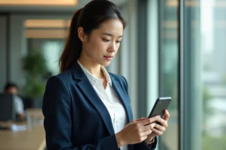 Femme professionnelle utilisant l'application Aisne NEO sur son smartphone dans un bureau