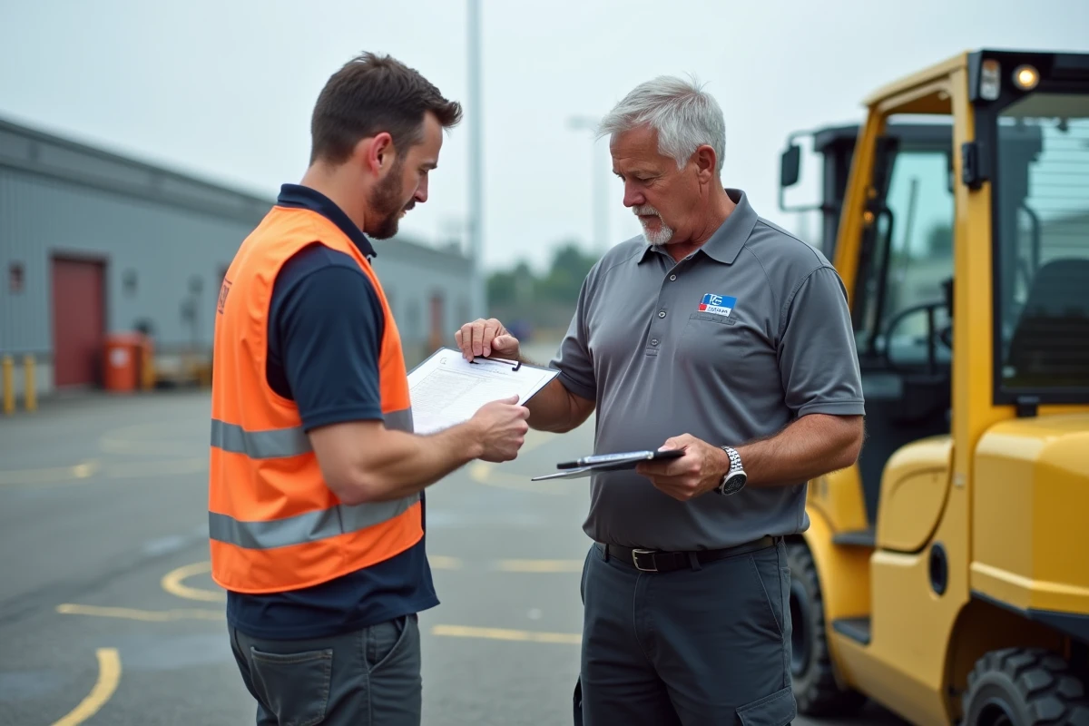 Formateur CACES expliquant la vérification avant prise en main d'un chariot élévateur à un stagiaire sur circuit extérieur