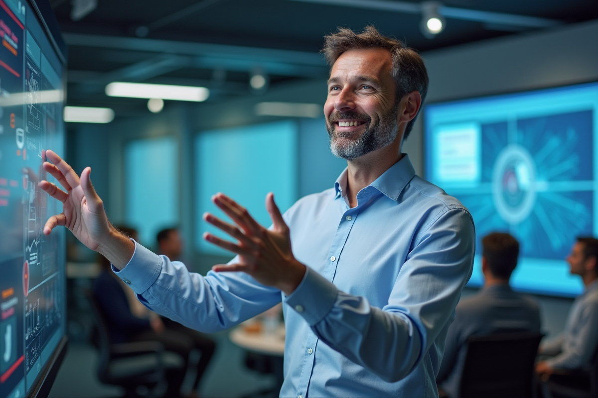 Formateur en formation AI avec tableau interactif et apprenants