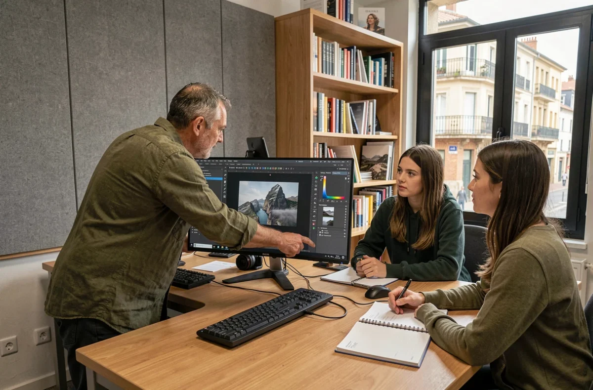 Formateur en photographie expliquant la retouche numérique à des étudiants dans une école photo à Toulouse