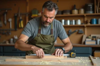 Homme adulte apprenant le bricolage en mesurant une planche en bois dans un atelier organisé, formation CPF pratique