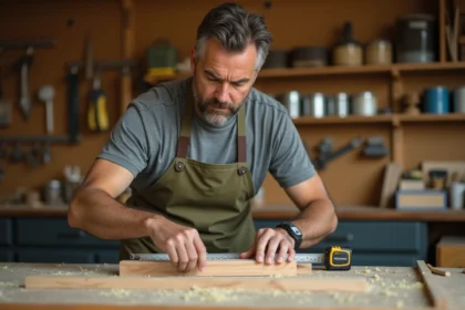 Homme adulte apprenant le bricolage en mesurant une planche en bois dans un atelier organisé, formation CPF pratique