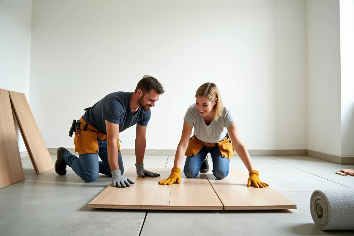 Deux adultes en formation bricolage CPF posant un parquet flottant ensemble dans un appartement en rénovation