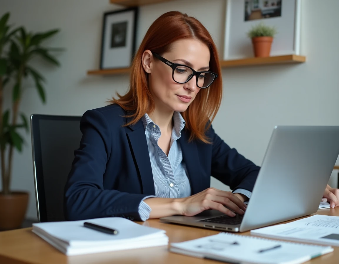 Femme suivant une formation en décoration d'intérieur en ligne depuis son bureau à domicile avec notes et magazines design