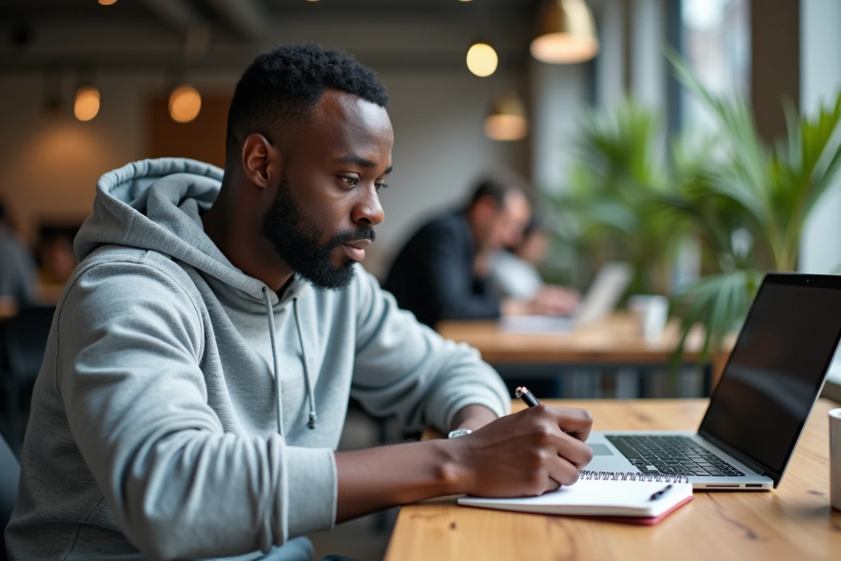 Homme sans papiers suivant une formation en ligne dans un espace de coworking pour décrocher un diplôme reconnu