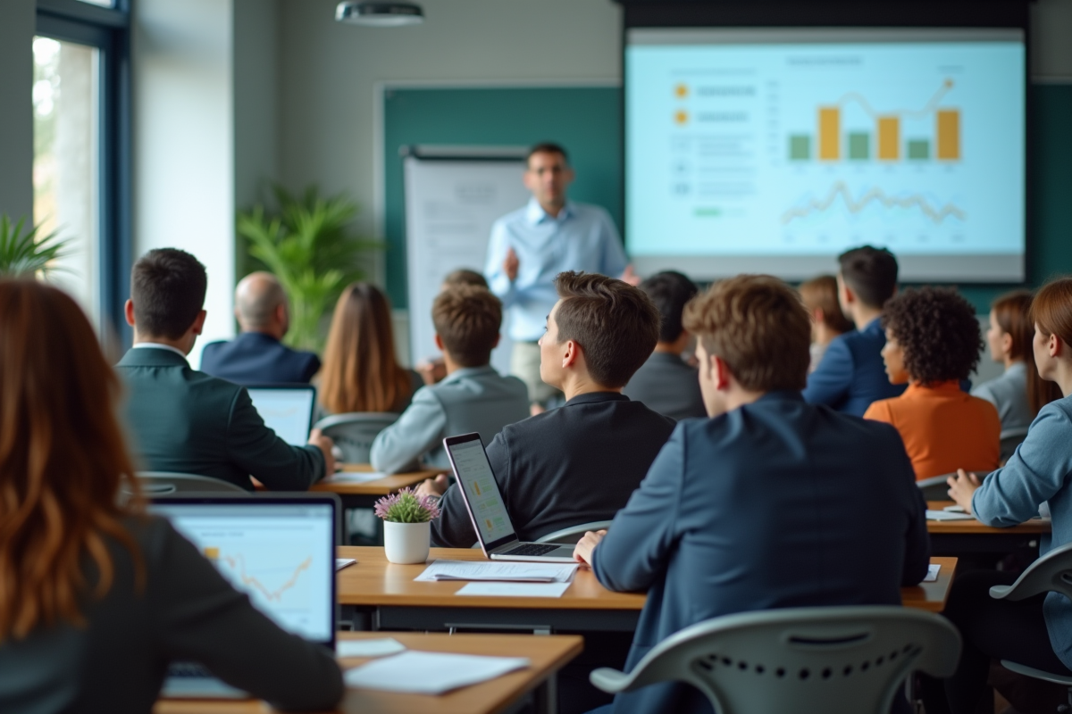 Groupe de personnes en formation avec graphiques financiers et tablettes
