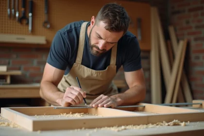 Homme en reconversion professionnelle apprenant la menuiserie dans un atelier de formation au bâtiment