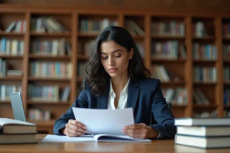 Jeune femme étudiant des documents officiels dans une bibliothèque pour obtenir un diplôme reconnu sans papiers