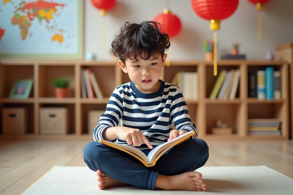 Garçon découvrant un livre bilingue chinois-français dans une salle de classe de langues moderne