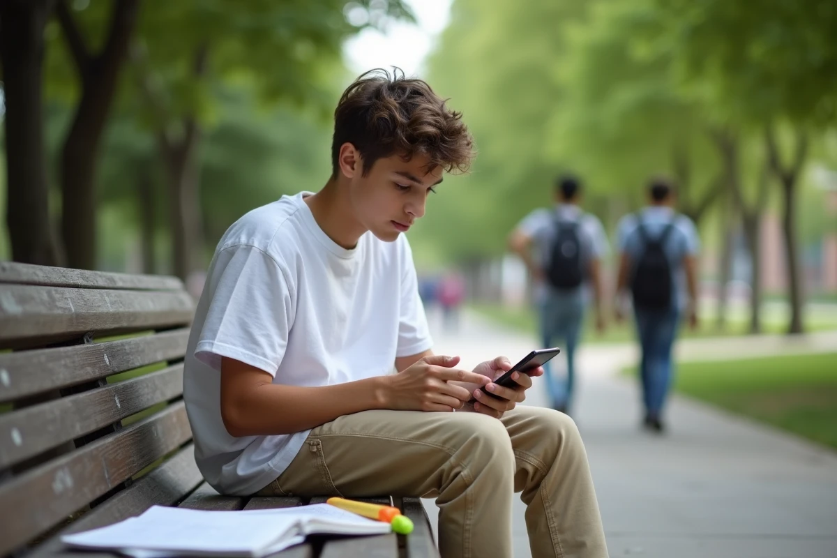 Garçon détendu sur un banc avec smartphone et résultats scolaires