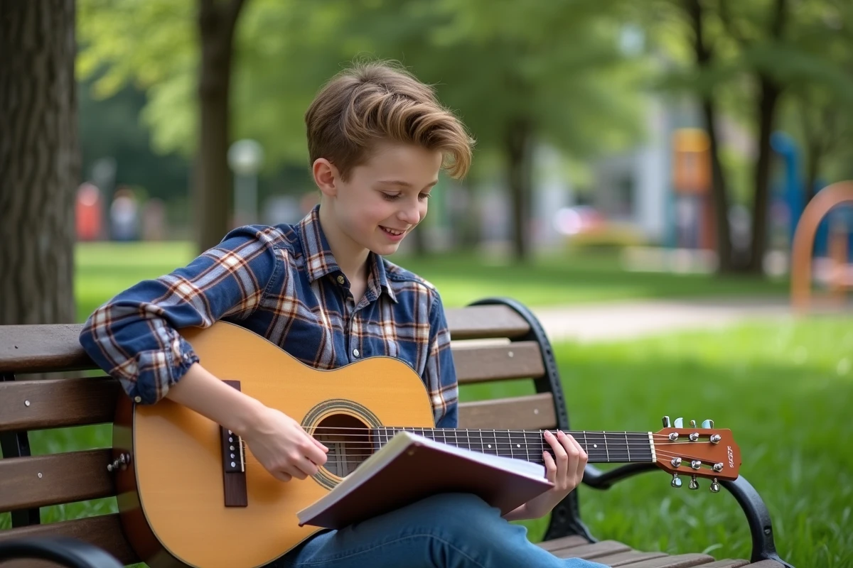 Adolescent jouant de la guitare dans un parc en plein air