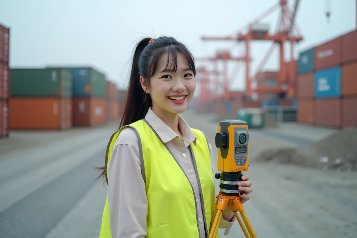 Jeune femme géomètre avec GPS sur site industriel