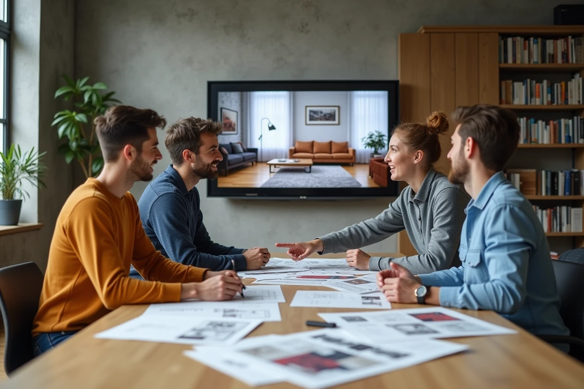 Groupe d'apprenants en atelier de formation décoration intérieure autour d'une table avec des échantillons de matières et des moodboards imprimés