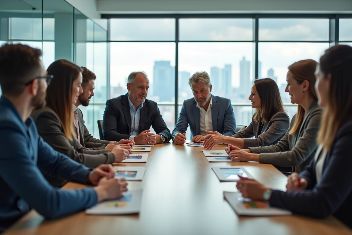 Groupe diversifié participant à un exercice avec des cartes dans une salle lumineuse