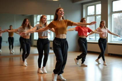 Groupe de jeunes adultes répétant une chorégraphie synchronisée dans un studio de danse aux parquets brillants