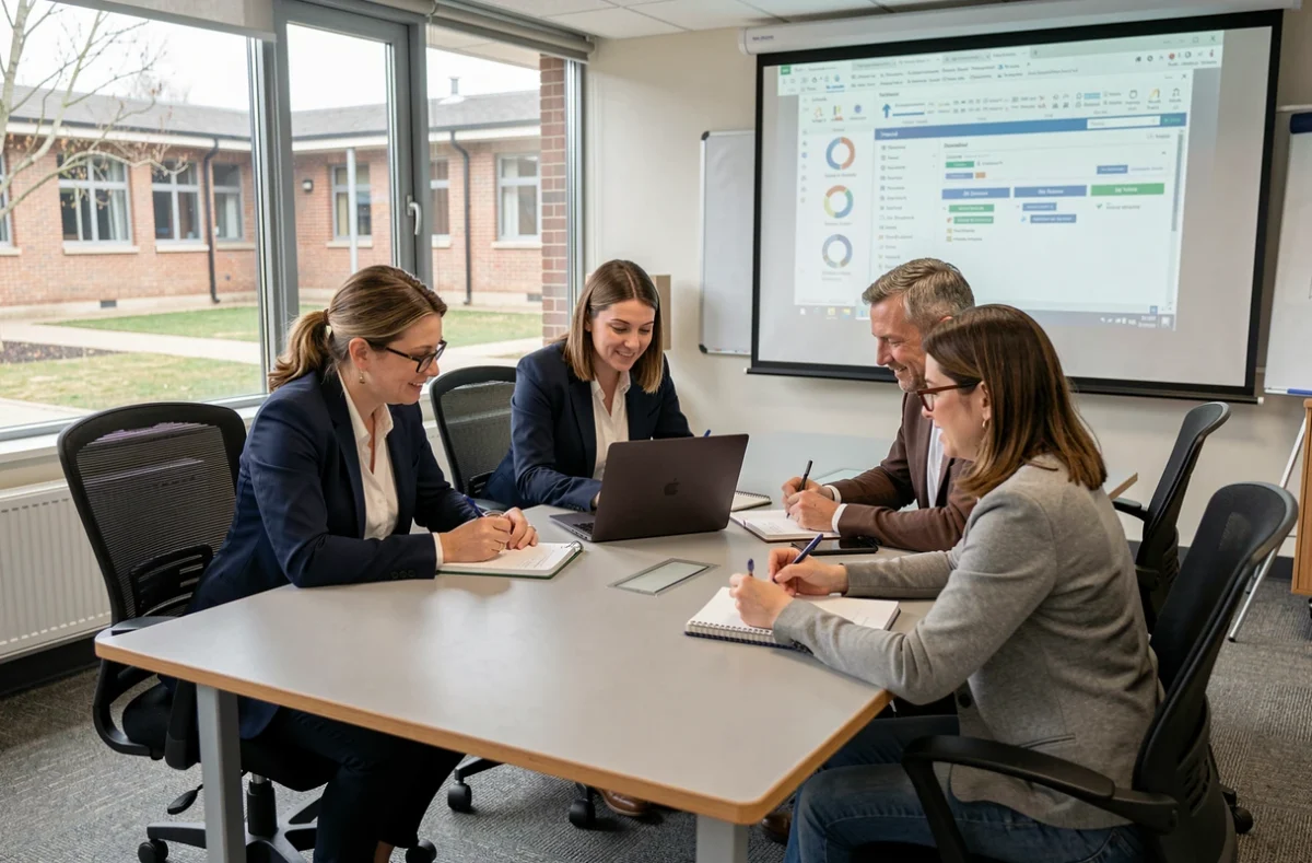 Groupe de directeurs d'école en formation numérique autour d'un ordinateur portable en salle de réunion