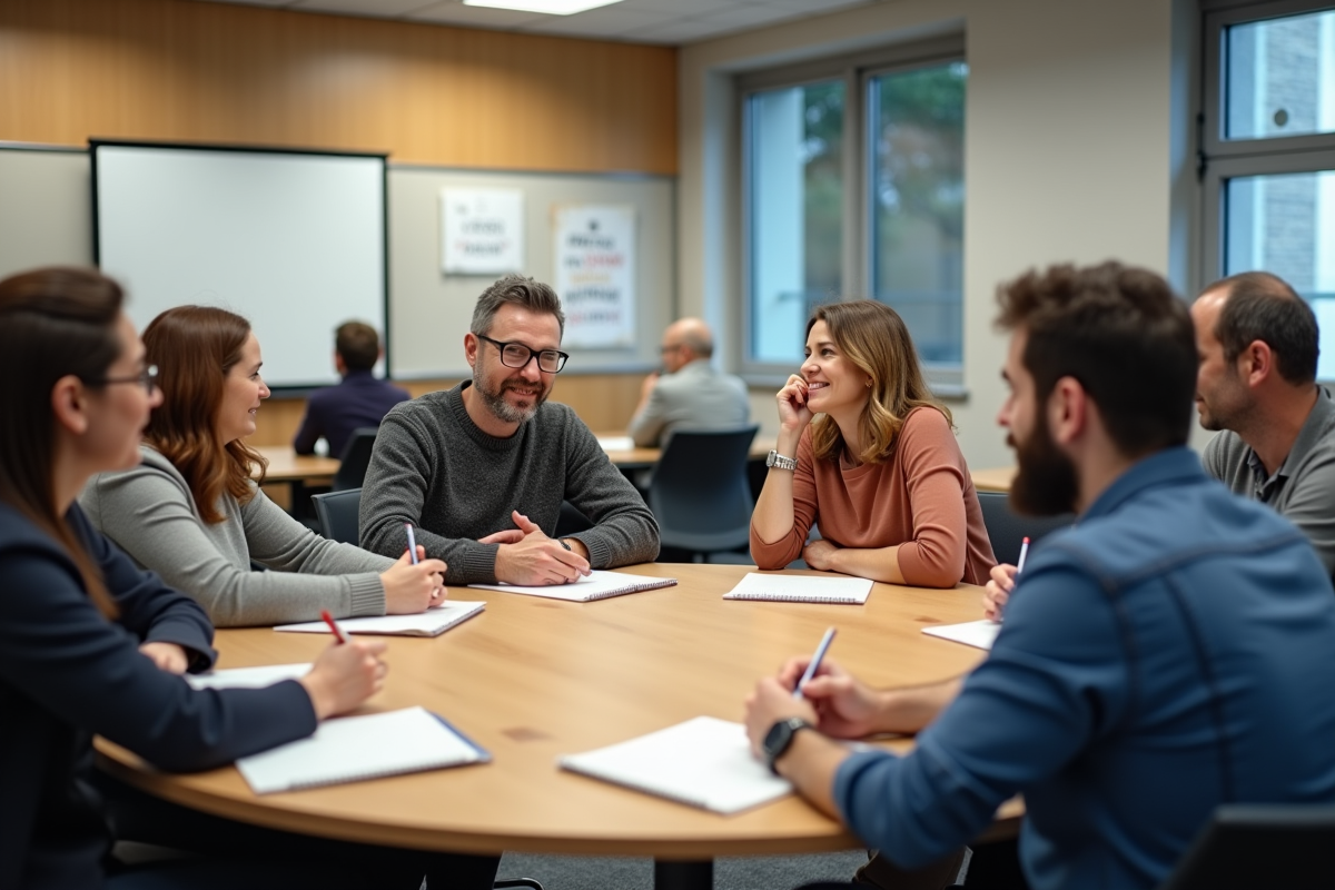 Groupe diversifié en discussion dans une salle de formation