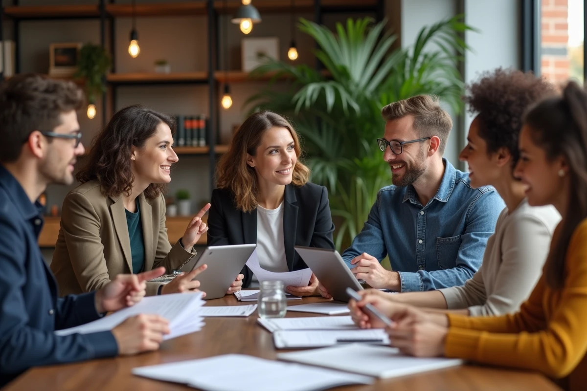 Groupe diversifié en discussion dans un espace coworking