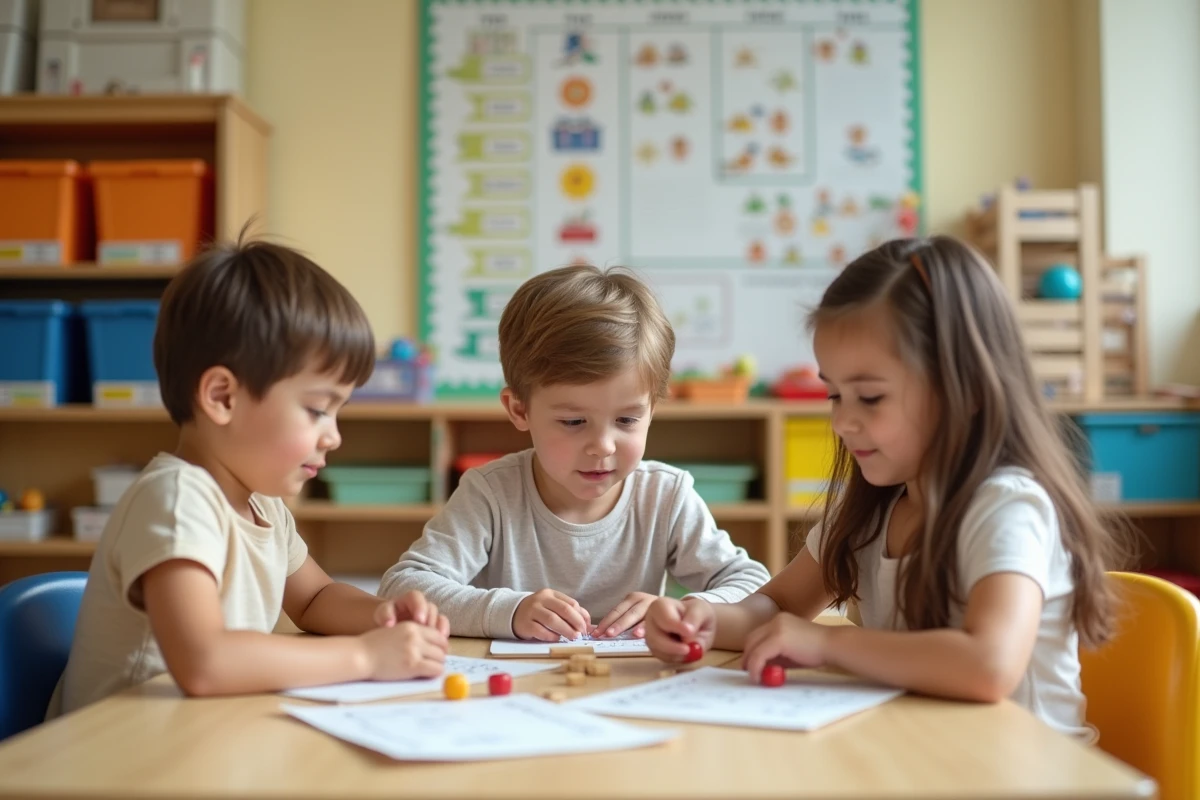 Groupe d'élèves autistes travaillant en autonomie dans une classe TSA avec des supports pédagogiques structurés