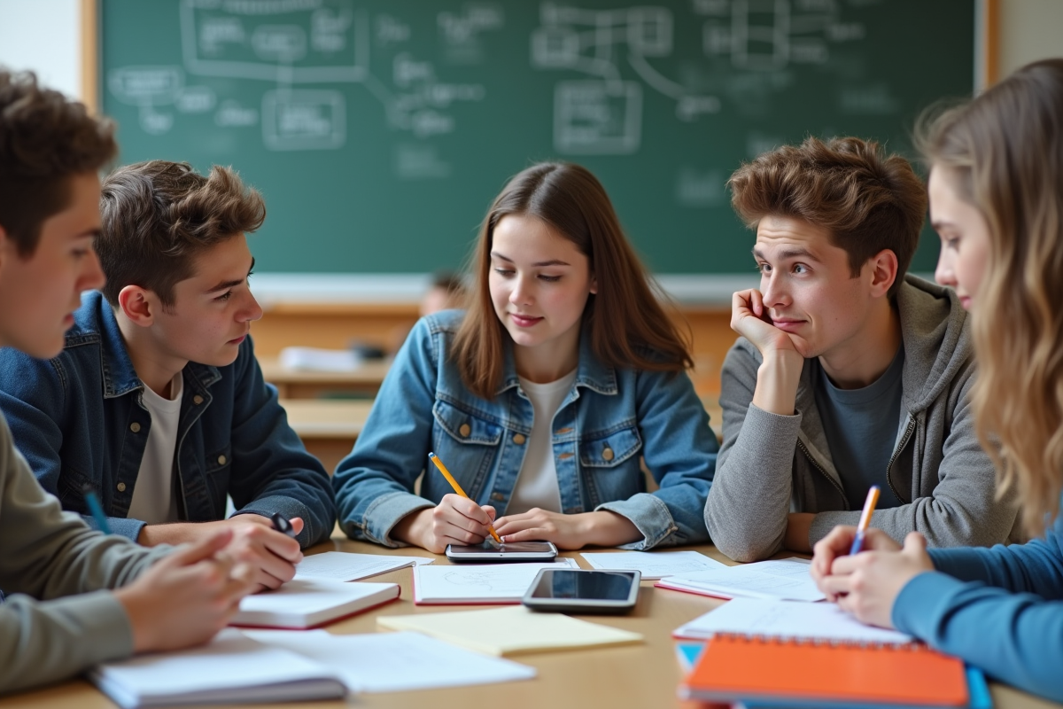 Groupe d'élèves de lycée en discussion dans une classe moderne