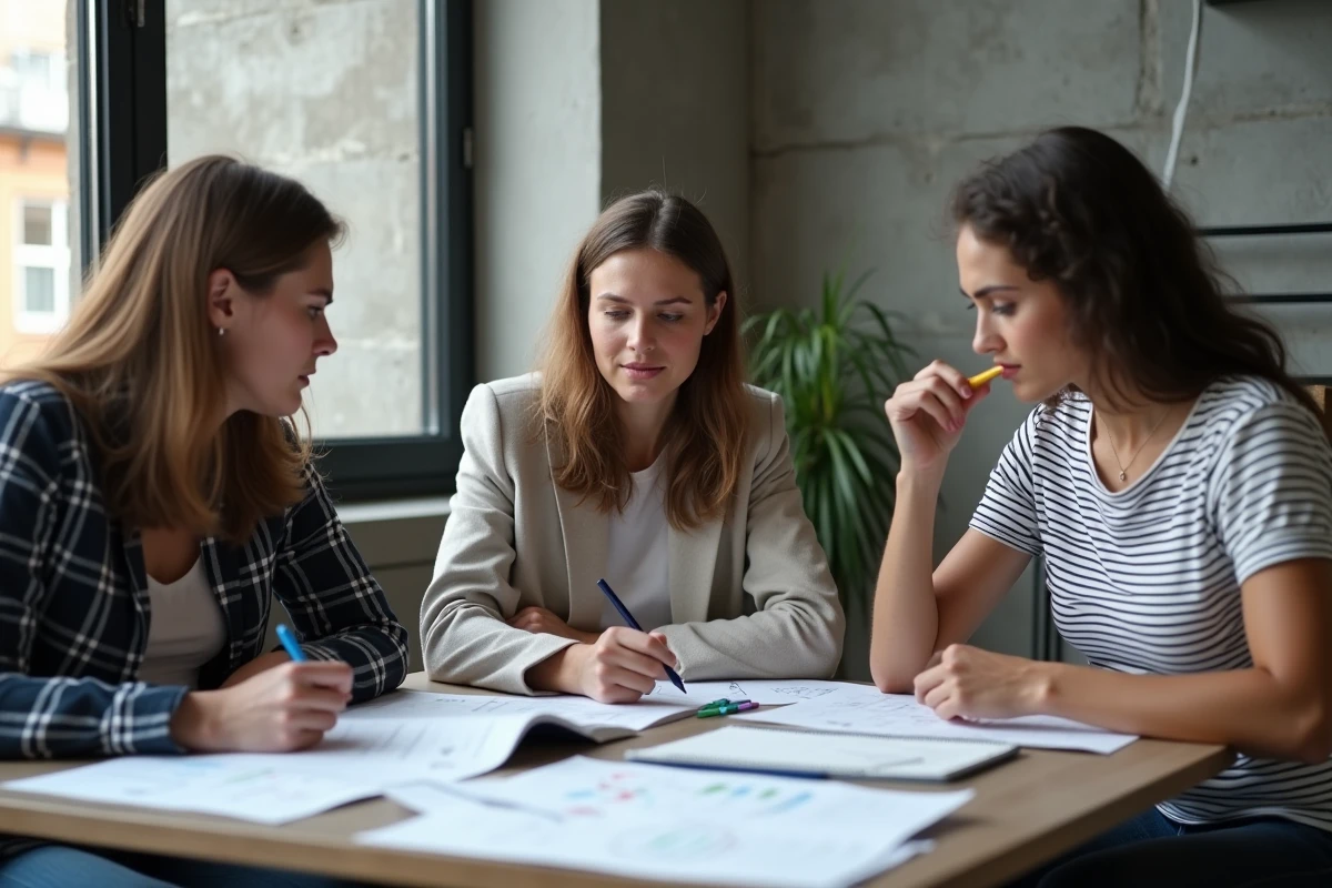 Groupe d'adultes s'entraînant ensemble aux tests psychotechniques dans un espace de coworking moderne