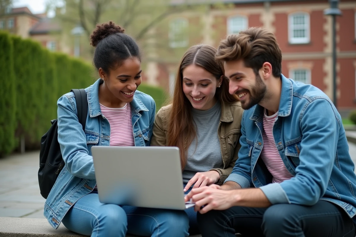 Groupe d'étudiants consultant ensemble leurs cours en ligne sur un ordinateur portable dans une cour de campus universitaire