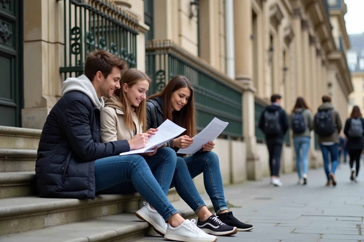 Groupe d'étudiants consultant leurs documents d'inscription ENR sur les marches d'un bâtiment universitaire parisien