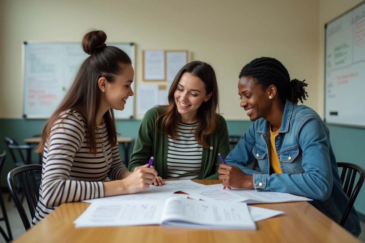 Groupe d'adultes sans papiers consultant des diplômes et supports de formation dans un centre communautaire d'apprentissage