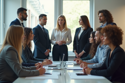 Groupe de professionnels formant un T dans un bureau lumineux