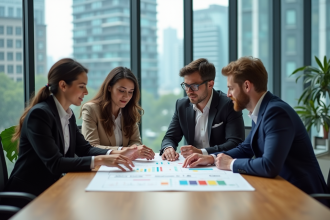 Groupe de professionnels en réunion dans un bureau moderne