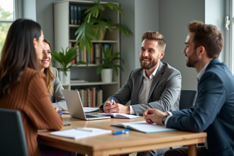 Groupe de quatre adultes en réunion dans un bureau moderne
