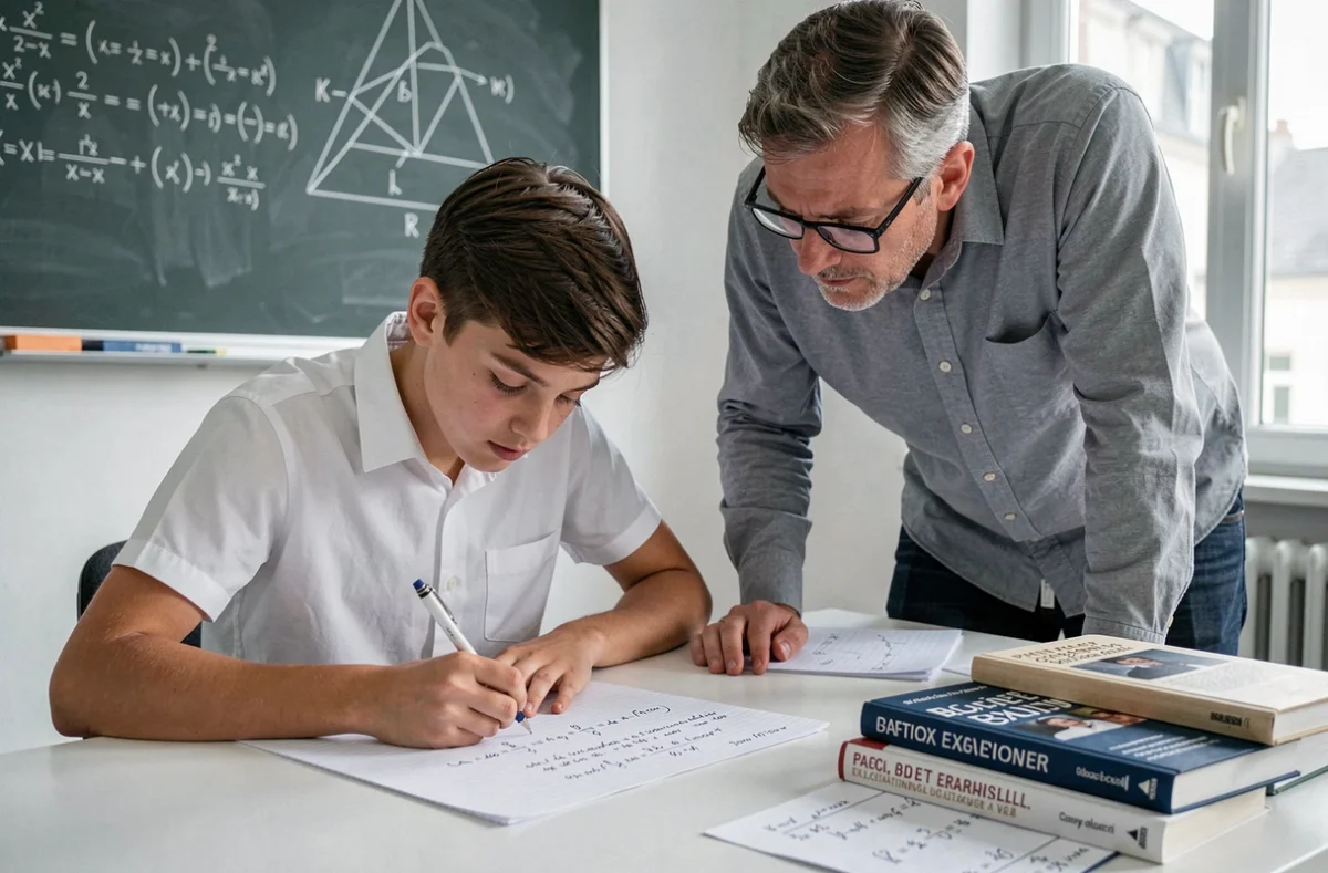 Un élève et son tuteur Hadamard travaillent sur des exercices de mathématiques avancées dans un centre parisien