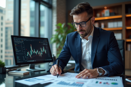 Homme d'affaires en costume analyse des rapports financiers
