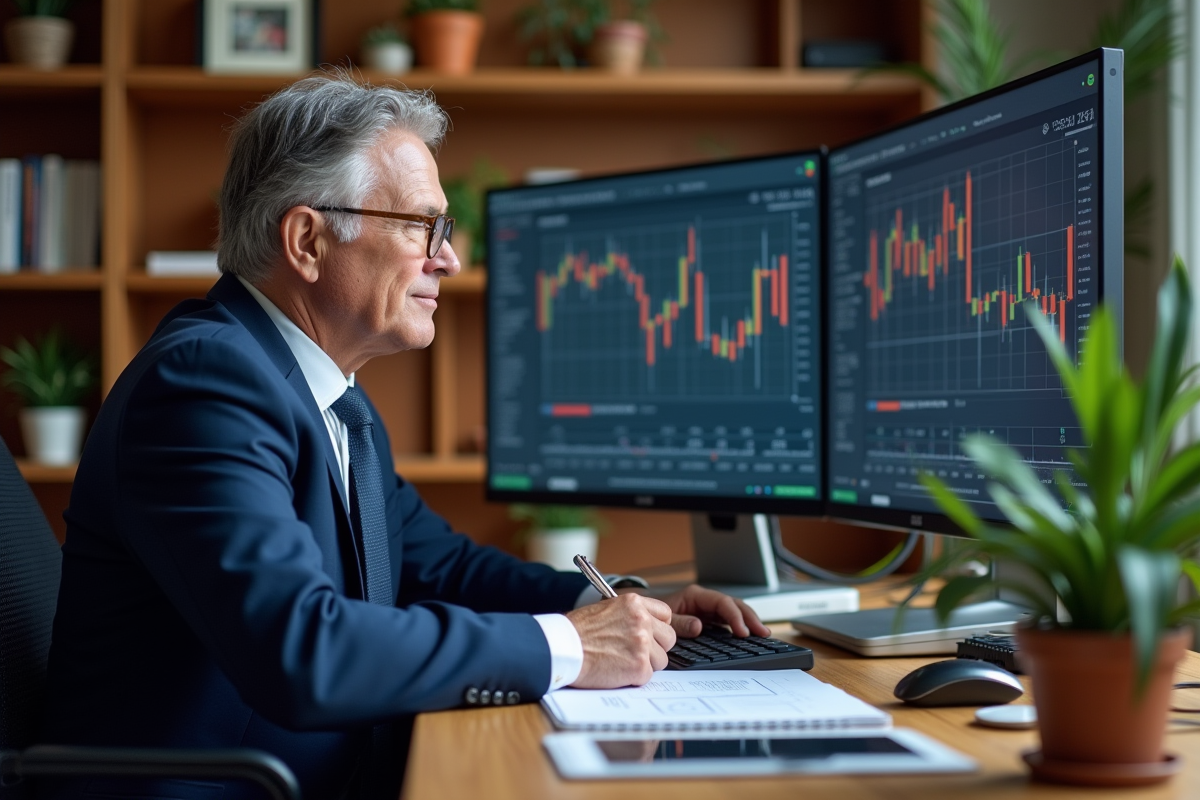 Homme en costume analyse des graphiques sur un ordinateur dans un bureau