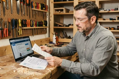Homme en atelier bricolage comparant les prix d'une certification de formation sur son ordinateur portable